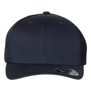 This image showcases a Flexfit 110 Mesh-Back Trucker Hat with a Snapback closure and Permacurv® visor. Made of polyester/cotton blend, this hat is both stylish and comfortable.
