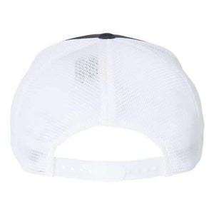 A Flexfit 110 Mesh-Back Trucker Hat with a black and white stripe, featuring a Snapback closure.