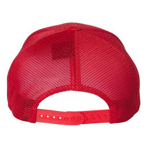 A red Flexfit 110 Mesh-Back Trucker Hat with a Snapback closure on a white background.