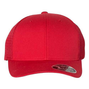 A Flexfit 110 Mesh-Back Trucker Hat with a Permacurv® visor on a white background.