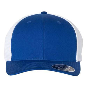 A blue and white Flexfit 110 Mesh-Back Trucker Hat with a Permacurv® visor on a white background.