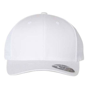 A white Flexfit trucker cap with an adjustable Snapback closure.