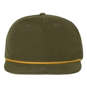 Richardson Olive green baseball cap with a yellow trim on the flat bill, featuring snapback closure.