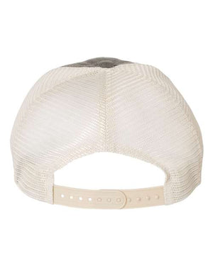 A low-profile white Sportsman trucker hat with a black strap, made of cotton/polyester blend.