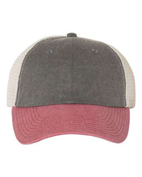 A Sportsman Pigment-Dyed Snapback Trucker Hat with a visor on a white background.
