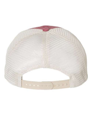 Rear view of the Sportsman Pigment-Dyed Snapback Trucker Hat - Custom Embroidered Hat, featuring a low-profile beige mesh design with a snapback closure and pre-curved visor.