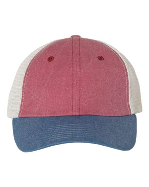 A red and blue Sportsman Pigment-Dyed Snapback Trucker Hat with a low-profile design on a white background.