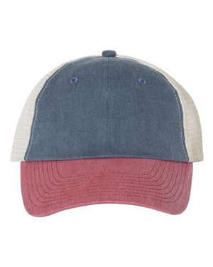 A front view of the Sportsman Pigment-Dyed Snapback Trucker Hat - Custom Embroidered Hat, featuring a low-profile, two-tone design with a blue cotton/polyester crown, white mesh sides, and a red pre-curved visor.