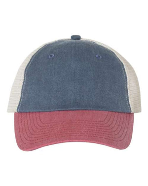 A blue and red Sportsman Pigment-Dyed Snapback Trucker hat with a low-profile design on a white background.