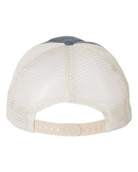 The back of the Sportsman Pigment-Dyed Snapback Trucker Hat - Custom Embroidered Hat features a low-profile mesh with a white plastic tab closure.