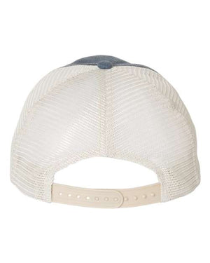 A Sportsman Pigment-Dyed Snapback Trucker Hat with a blue visor on a low-profile white background.