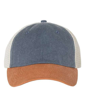 The Sportsman Pigment-Dyed Snapback Trucker Hat, a custom embroidered hat by Sportsman, features a low-profile blue and white design with a brown brim, button on top, and mesh sides. The six-panel construction combines cotton and polyester for both comfort and durability.