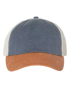 A Sportsman Pigment-Dyed Snapback Trucker Hat in blue and tan, made of cotton/polyester blend with visor.