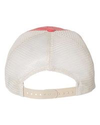 A Sportsman Pigment-Dyed Snapback Trucker Hat with a red visor on a white background.