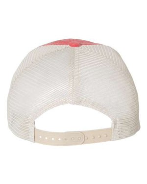 A Sportsman Pigment-Dyed Snapback Trucker Hat with a red visor on a white background.