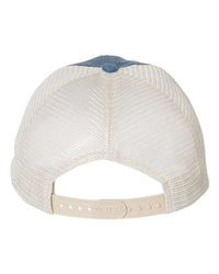 A Sportsman Pigment-Dyed Snapback Trucker Hat with a blue visor on a white background.