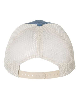 A Sportsman Pigment-Dyed Snapback Trucker Hat with a blue visor on a white background.