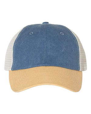 A low-profile trucker hat in blue and tan, made with a cotton/polyester blend and featuring a visor - Sportsman Pigment-Dyed Snapback Trucker Hat | No Minimals | Volume Tiered Pricing