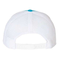 Back view of the YP Classics Yupoong Classics Six-Panel Retro Trucker Snapback Hat 6606, a white mesh baseball cap with a blue button on top, featuring an adjustable strap with snapback closure.