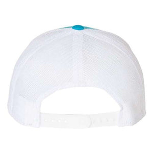 Back view of the YP Classics Yupoong Classics Six-Panel Retro Trucker Snapback Hat 6606, a white mesh baseball cap with a blue button on top, featuring an adjustable strap with snapback closure.