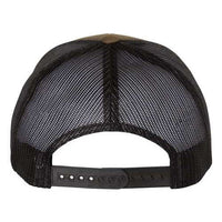 Rear view of a black camo mesh YP Classics Six-Panel Retro Trucker Snapback Hat, complete with an adjustable snapback closure.