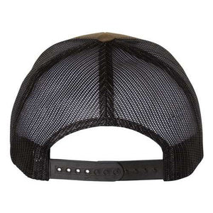 Rear view of a black camo mesh YP Classics Six-Panel Retro Trucker Snapback Hat, complete with an adjustable snapback closure.