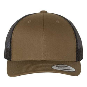 The YP Classics Yupoong Classics Six-Panel Retro Trucker Snapback Hat 6606 features a brown camo design with a mesh back, a small sticker on the front of the brim, and a snapback closure for easy adjustment.