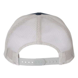 Rear view of the YP Classics Six-Panel Retro Trucker Snapback Hat 6606 by Yupoong, featuring a camouflage design with an adjustable snapback closure and breathable mesh back.