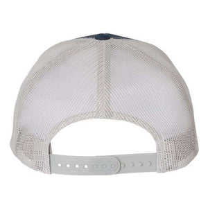 A YP Classics Six-Panel Retro Trucker Snapback Hat 6606 - Custom Leather Patch Hat | No Minimals | Volume Tiered Pricing on a white background.