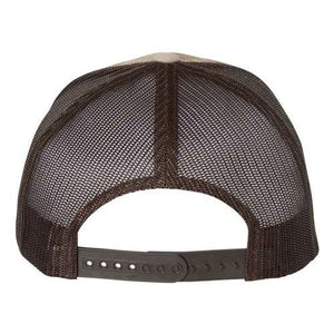 A YP Classics camo trucker hat with a snapback closure.