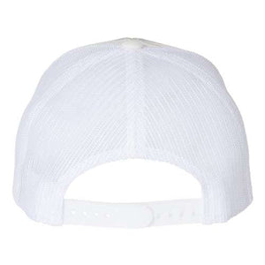 The image depicts the back view of a YP Classics mesh baseball cap, specifically the Yupoong Classics Six-Panel Retro Trucker Snapback Hat 6606, featuring a snapback closure for easy adjustment.
