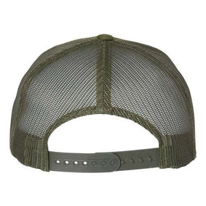 Back view of the YP Classics olive green camo mesh trucker hat, the Yupoong Classics Six-Panel Retro Trucker Snapback Hat 6606, featuring a convenient snapback closure.