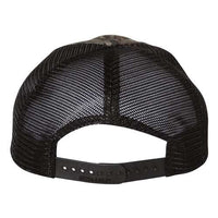 The Richardson 111P Washed Printed Snapback Trucker Hat is shown from the back, featuring an adjustable snapback closure, custom embroidery, and Realtree camo accents.