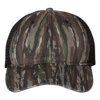 The Richardson 111P Washed Printed Snapback Trucker Hat features Realtree-style camo, mesh back, curved brim, and adjustable snapback closure—custom embroidered for a perfect fit.