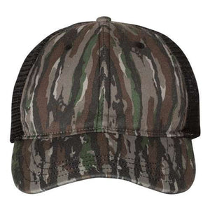 The Richardson 111P Washed Printed Snapback Trucker Hat features Realtree-style camo, mesh back, curved brim, and adjustable snapback closure—custom embroidered for a perfect fit.