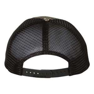 A Richardson 111P Washed Printed Snapback Trucker Hat with a mesh back made of polyester.