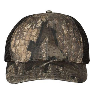 The Richardson 111P Washed Printed Snapback Trucker Hat features a Mossy Oak Camo pattern in brown and green, mesh back, and an adjustable snapback closure. Custom embroidery available. Brand: Richardson.