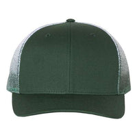 A green Richardson trucker hat with a snapback closure and cotton/polyester blend.