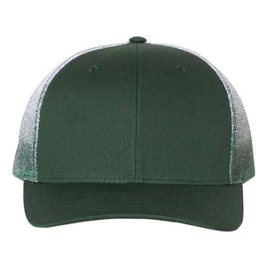 A green Richardson trucker hat with a snapback closure and cotton/polyester blend.