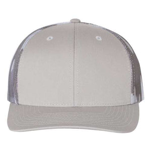 A Richardson 112PM Printed Mesh Trucker Cap with a snapback closure on a white background.