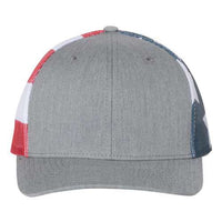 A grey Richardson 112PM Printed Mesh Trucker Cap with an American flag on it, made from cotton/polyester.