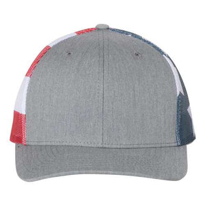 A grey Richardson 112PM Printed Mesh Trucker Cap with an American flag on it, made from cotton/polyester.