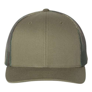 A green Richardson trucker hat with a camouflage pattern and snapback closure.