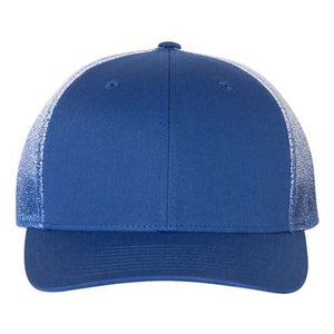 A blue and white Richardson 112PM Printed Mesh Trucker Cap with a Snapback closure.