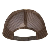 The image shows the back of the Richardson 111P Washed Printed Snapback Trucker Hat, a brown mesh trucker cap by Richardson with an adjustable Snapback closure for comfort and fit. Custom embroidery available.