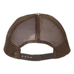 The image shows the back of the Richardson 111P Washed Printed Snapback Trucker Hat, a brown mesh trucker cap by Richardson with an adjustable Snapback closure for comfort and fit. Custom embroidery available.