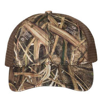 The Richardson 111P Washed Printed Snapback Trucker Hat features a camouflage design with a mesh back, a dried grass and twigs pattern, and a Snapback closure for adjustable fit.
