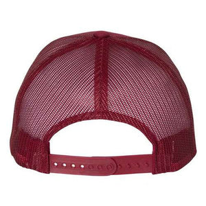 Back view of a YP Classics Yupoong Classics Six-Panel Retro Trucker Snapback Hat 6606 in red mesh with a camouflage design, complete with an adjustable snapback closure.