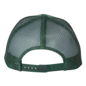 The Yupoong Classics Six-Panel Retro Trucker Snapback Hat 6606 - Custom Leather Patch Hat | No Minimals | Volume Tiered Pricing by YP Classics features a snapback closure and is showcased on a white background.