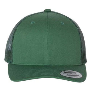 The YP Classics Retro Trucker Snapback Hat 6606 by Yupoong features a green front with a camo mesh back and flat bill, a sticker on the underside, and an adjustable snapback closure for easy customization.